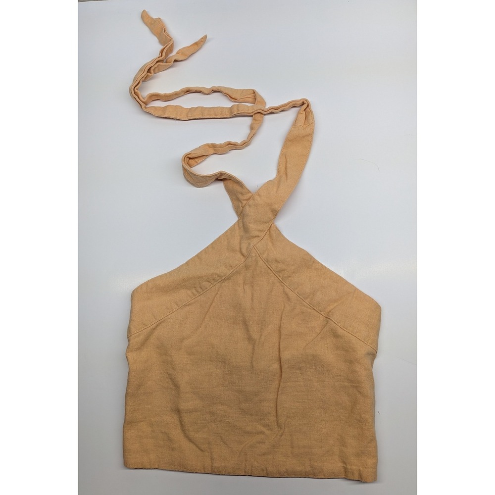 Abercrombie & Fitch XS Peach Linen Blend Halter Crop Top Smocked Back Tie Neck